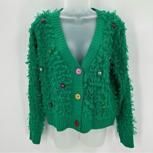 Ugly Christmas Sweater Cardigan 33 Degrees Womens S Green Ornaments Loopy Knit